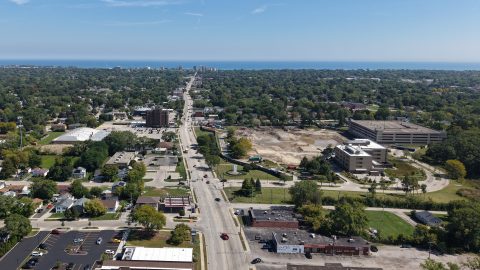 Aerial view of Waukegan IL infrastructure and community development.