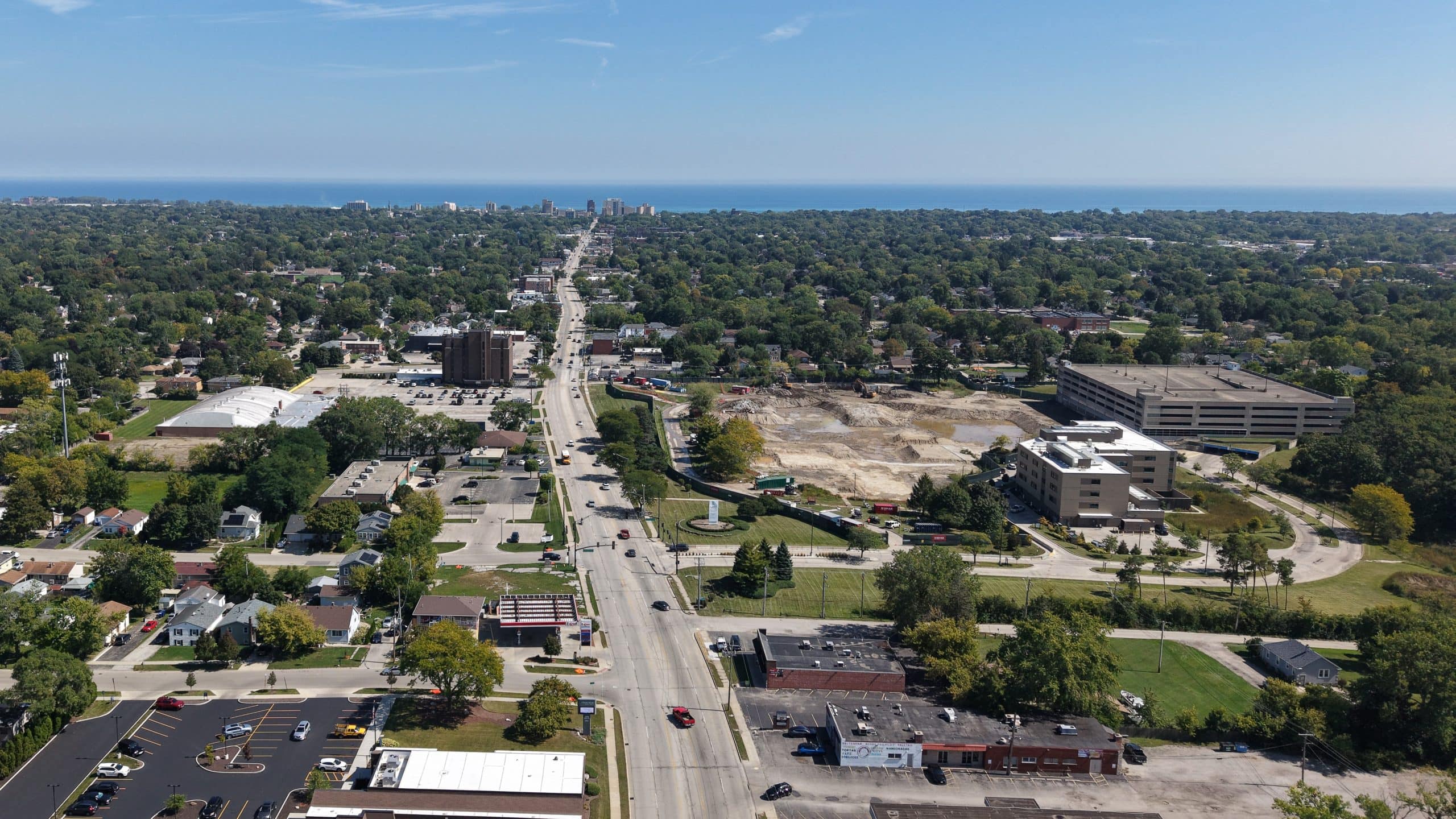 Aerial view of Waukegan IL infrastructure and community development.