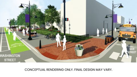 Conceptual rendering of Waukegan streetscape with bike lane and pedestrian area.