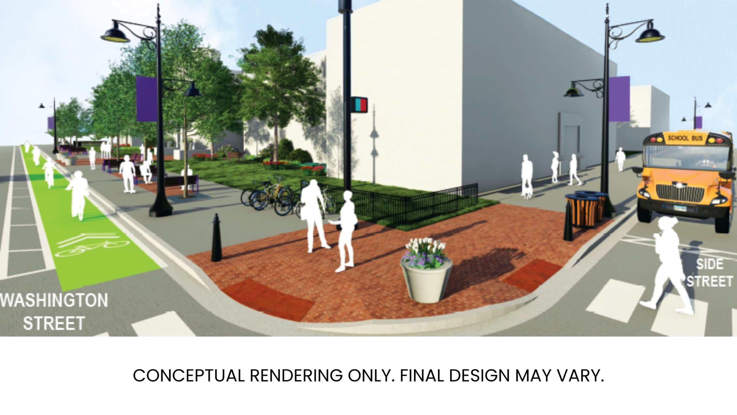 Conceptual rendering of Waukegan streetscape with bike lane and pedestrian area.