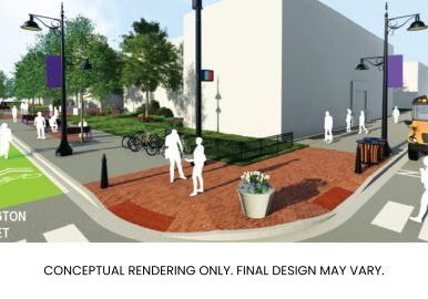 Conceptual rendering of Waukegan streetscape with bike lane and pedestrian area.
